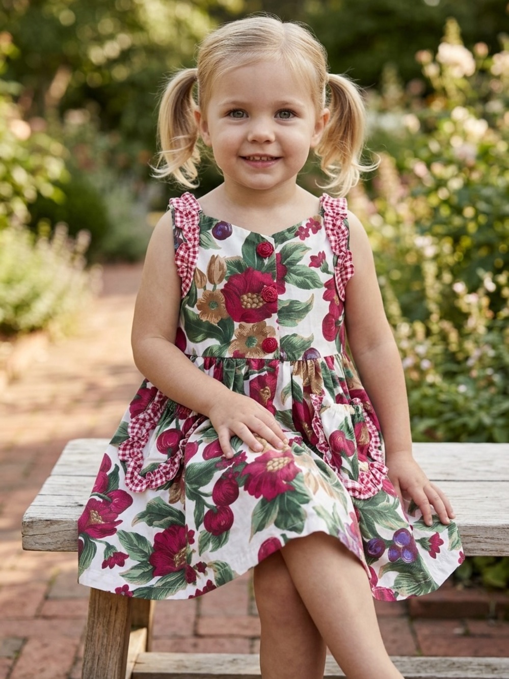 Rachel Kids Pink and Green Floral Dress with Gingham Trim 3T